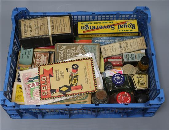A collection of advertising arts materials, bottles etc